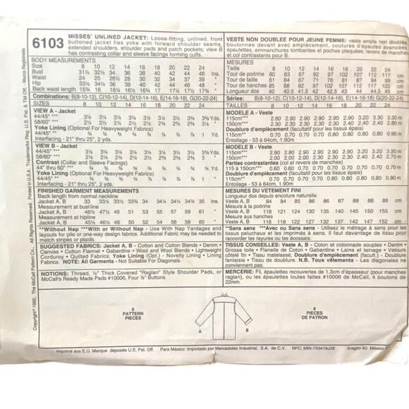 Vtg McCalls 6103 Jacket Pattern 8-12 1992 Shacket Outerwear Flannel Farm Core - Picture 4 of 7
